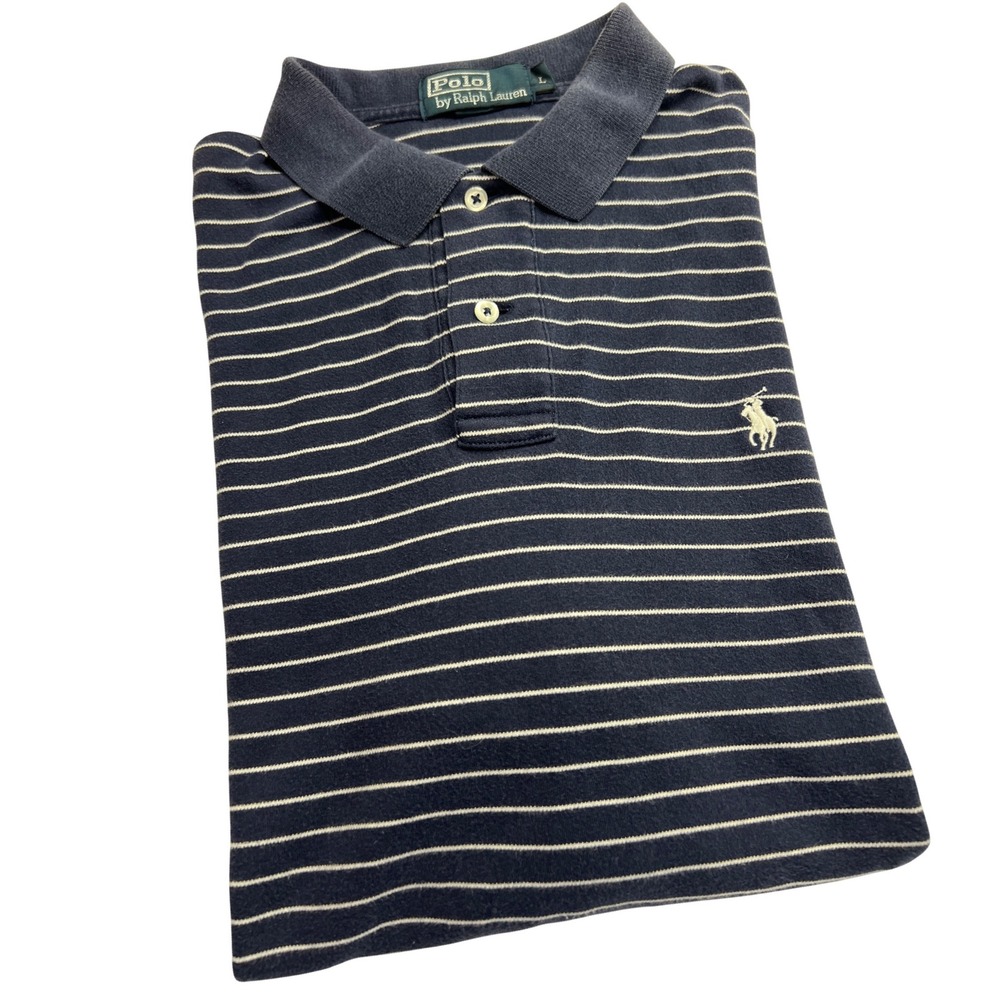 Polo Ralph Lauren Polo Shirt Mens Large Navy Blue Stripe Short Sleeve Cotton A73